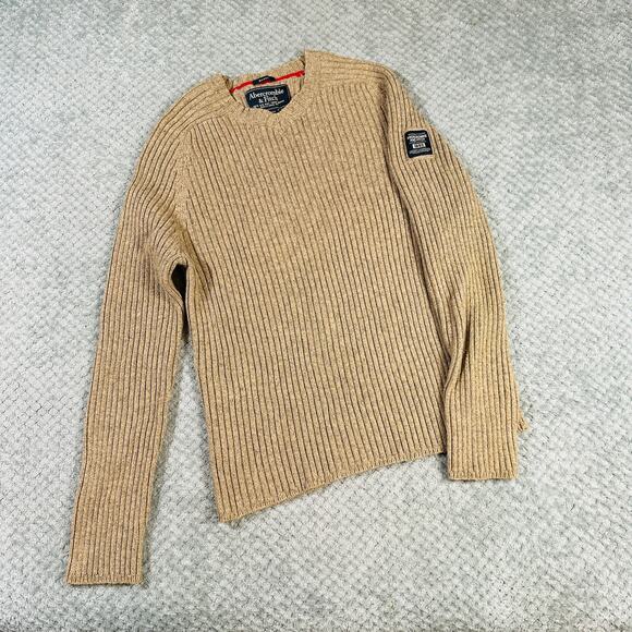 Vintage Y2K Abercrombie & Fitch Muscle Sweater Mens L Beige Ribbed Vneck Chunky - Picture 1 of 5